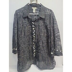 Graff CA Black Linen Blend Blouse Tropical Beach Shell Button Up Vtg PXL‎